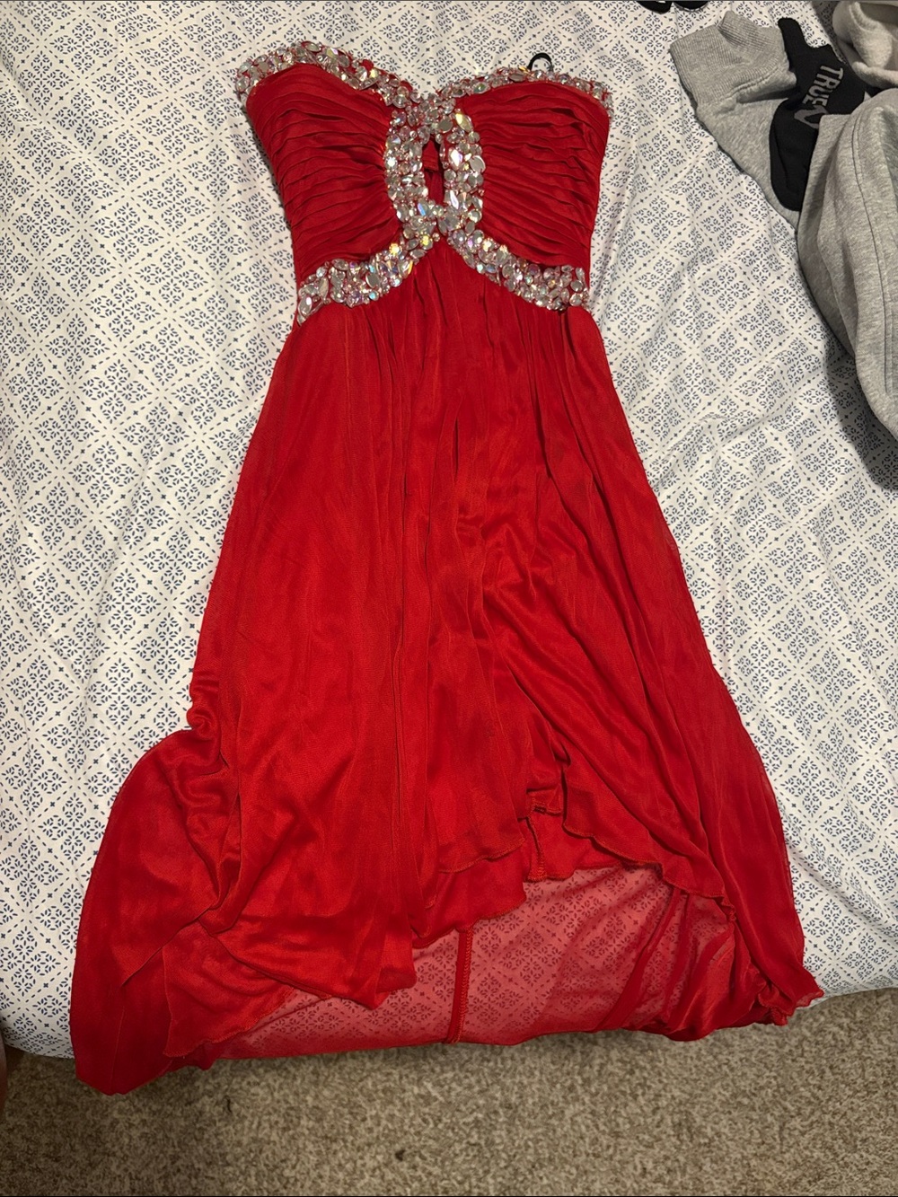 Strapless Red Evening Dress with Crystal Accents